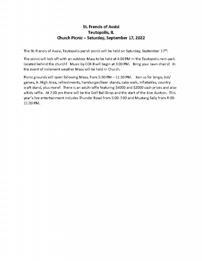St. Francis of Assisi Church Picnic Outdoor Mass 4 p.m. Stands
